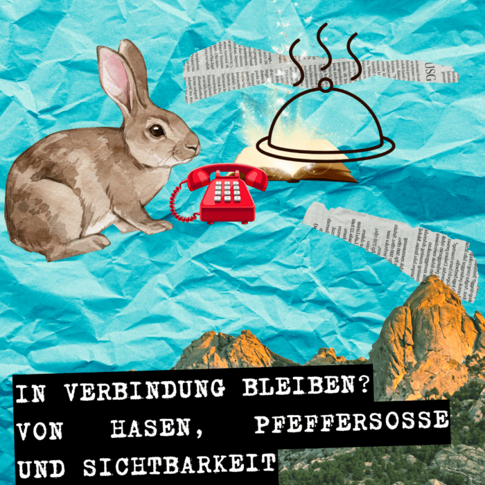 Collage aus Hase, Telefon und dem Schriftzug: In Verbinung bleiben. Von Hasen, Pfeffersoße und Sichtbarkeit